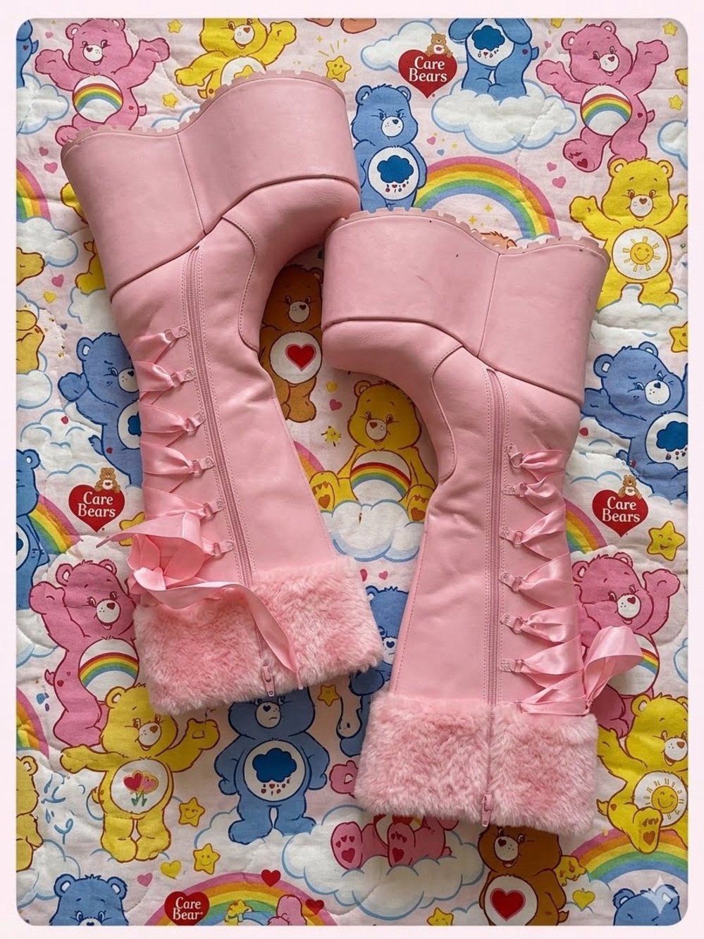 Pink Faux-Fur Trim Lace-Up Platform Kids Boots